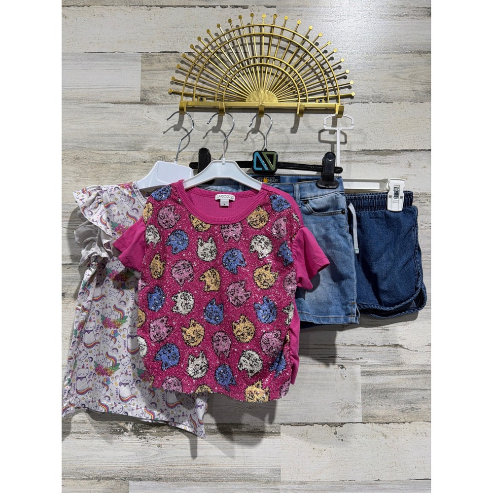 Mila & Rose Flapdoodles‎ Girls 5T Pink Blue Sequin Cat Shirt Denim Shorts Bundle